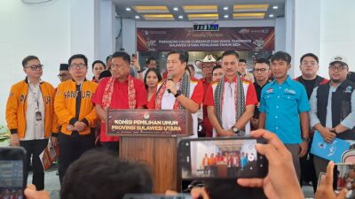 Duet Pasangan Steven Kandouw – Alfref Tuejeh Diantar  Bendahara Umum Olly Dondokambey Mendaftar di KPU Sulut